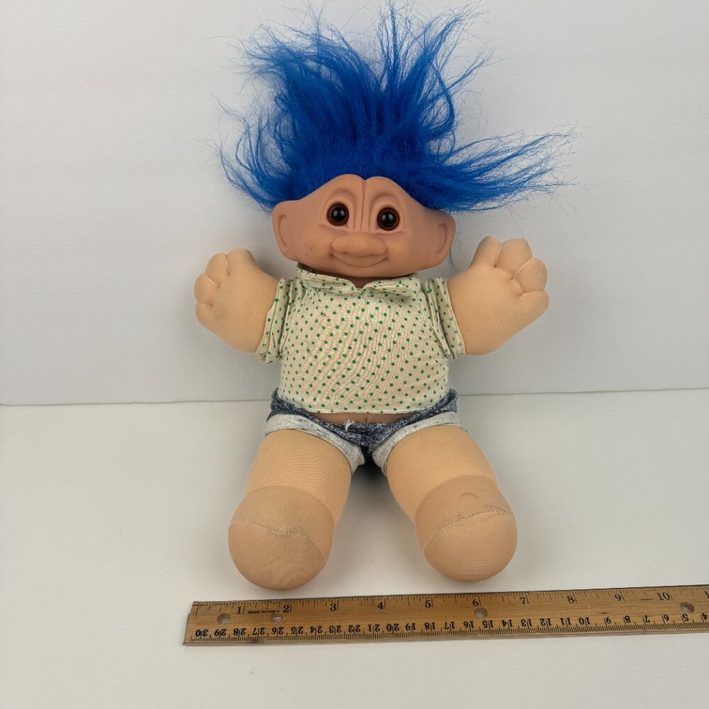 Vintage Troll Blue Hair Hard Head Plush Body Toy‎ w Clothes Damaged Face READ